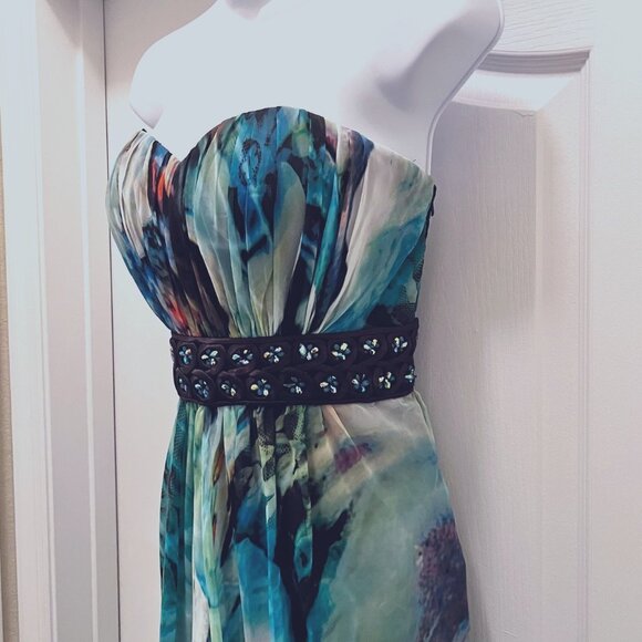 La Famme Long Maxi Multi Color Tropical Sz 0-Strapless Beaded Floral Waist Dress - Picture 3 of 15